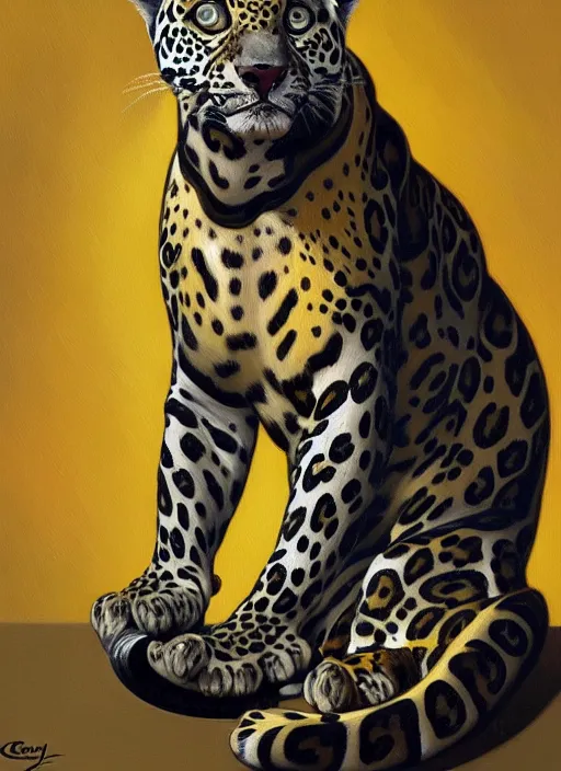 Prompt: oil portrait of realistic jaguar holdeing black drinking can, intricate, elegant, highly detailed, lighting, painting, artstation, smooth, illustration, art by greg rutowski and alphonse mucha