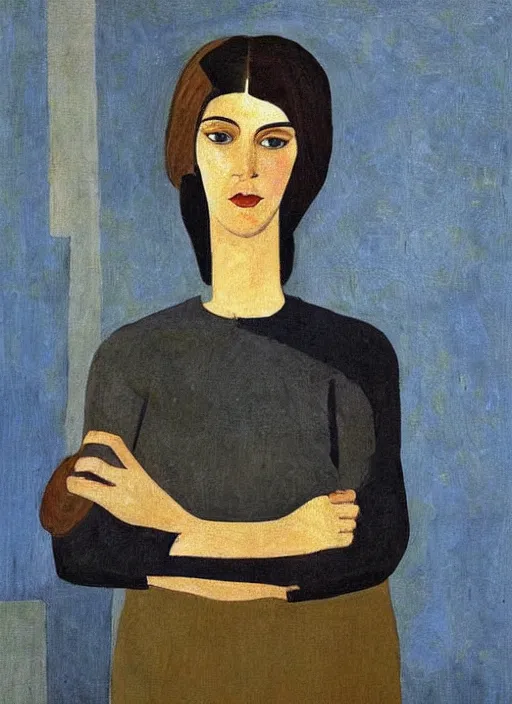 Image similar to a painted portrait of a confident women, art by felice casorati, aesthetically pleasing and harmonious natural colors, expressionism, natural light, fine day, portrait