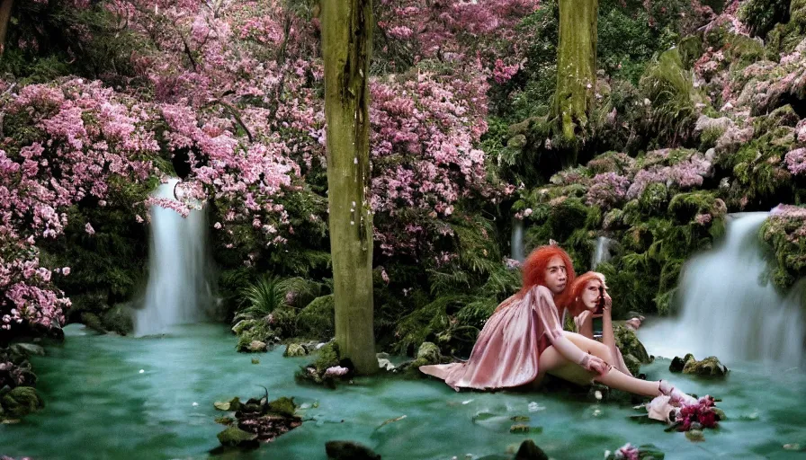 Image similar to a Petra Collins photo, 35mm film still of a very surreal magical European castle with a San Francisco style cafe in a lush waterfall garden, falling cherry blossoms pedals, in the style of Gucci and Wes Anderson glowing lights and floating lanterns, foggy atmosphere, rainy, moody, muted colors, magic details, very detailed, 8k, cinematic look,