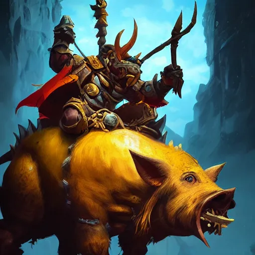 Image similar to a boar rider warrior, yellow theme, bright art masterpiece artstation. 8 k, sharp high quality artwork in style of jose daniel cabrera pena and greg rutkowski, concept art by tooth wu, blizzard warcraft artwork, hearthstone card game artwork, boar rider