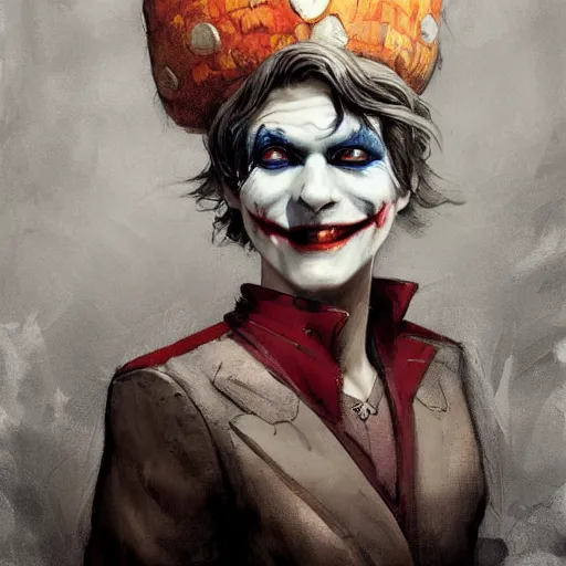 Image similar to joker as an attractive young smiling woman wearing a mushroom crown and heavy armoured wedding dress, face portrait, hd shot, digital portrait, elegant, beautiful, fantasy art, artstation, comic style, by artgerm, guy denning, jakub rozalski, magali villeneuve and charlie bowater