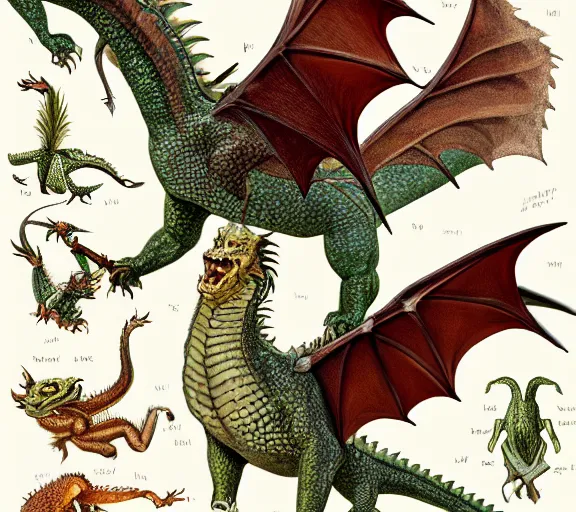 Image similar to an illustrated field guide to dragons showing examples of males and females of each spicies, biological illustrations, art by robert stebbins and terryl whitlatch and david sibley and john james audubon and charles darwin, highly detailed, intricately detailed, 8 k, trending on artstation