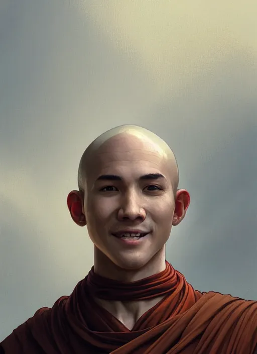 Prompt: portrait of a male monk, looking at camera, D&D, leather armor, very short buzzcut hair, intricate, elegant, stylish, cute smile, fantasy, extremely detailed, digital painting, artstation, concept art, smooth, sharp focus, illustration, ambient lighting, art by artgerm and greg rutkowski and alphonse mucha and simon stalenhag