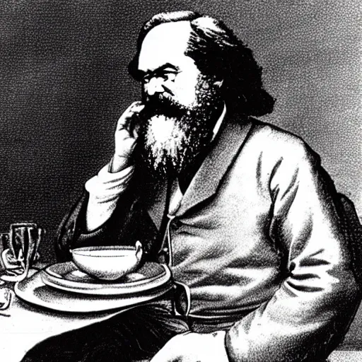 Prompt: Karl Marx pondering his Poutine dish