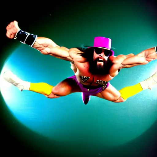 Image similar to Macho Man Randy Savage performing elbow drop from space. Wide angle. Low perspective. High Quality, Sports photography. NASA