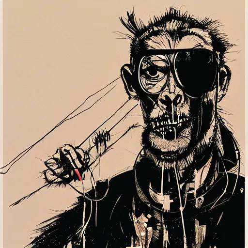 Image similar to Graphic Illustration, Creative Design, Monkey, Techwear, Cyberpunk, Full Body Portrait, Character Design, by Ralph Steadman, Francis Bacon, Hunter S Thompson