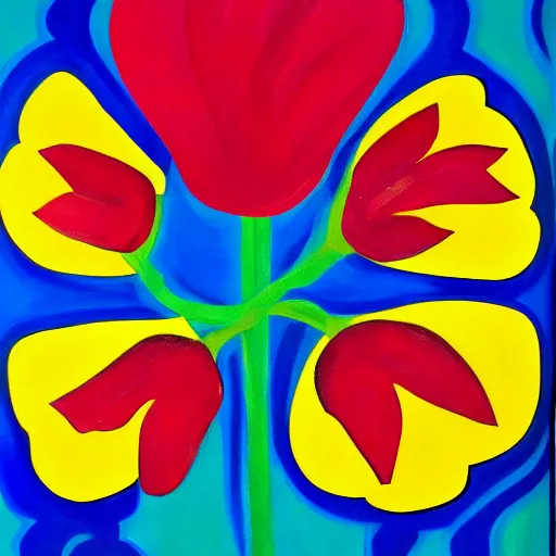 Image similar to a painting of a red flower on a yellow background, a pop art painting by laurel burch, trending on pixabay, fauvism, acrylic art, fauvism, oil on canvas