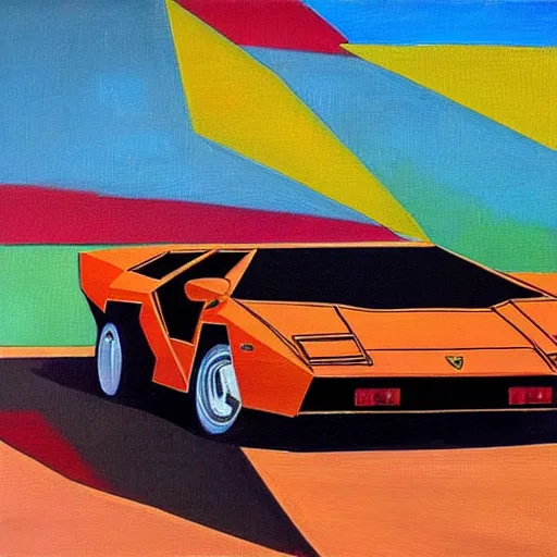 Prompt: Lamborghini Countach in the Arizona desert, oil painting in the style of Cubism