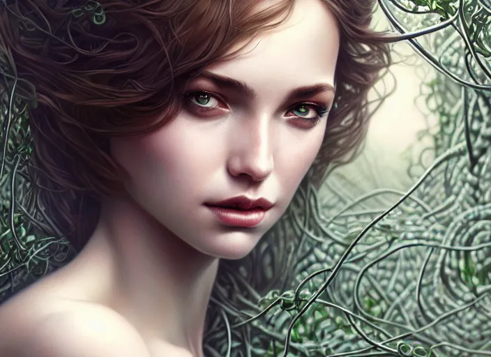 Prompt: highly detailed beautiful woman wrapped up in vines, illustration, full body realistic eyes, artstation, cinematic lighting, hyperdetailed, detailed realistic symmetrical eyes, cgsociety, 8k, high resolution, Charlie Bowater, Tom Bagshaw, Norman Rockwell, insanely detailed and intricate, clean white background