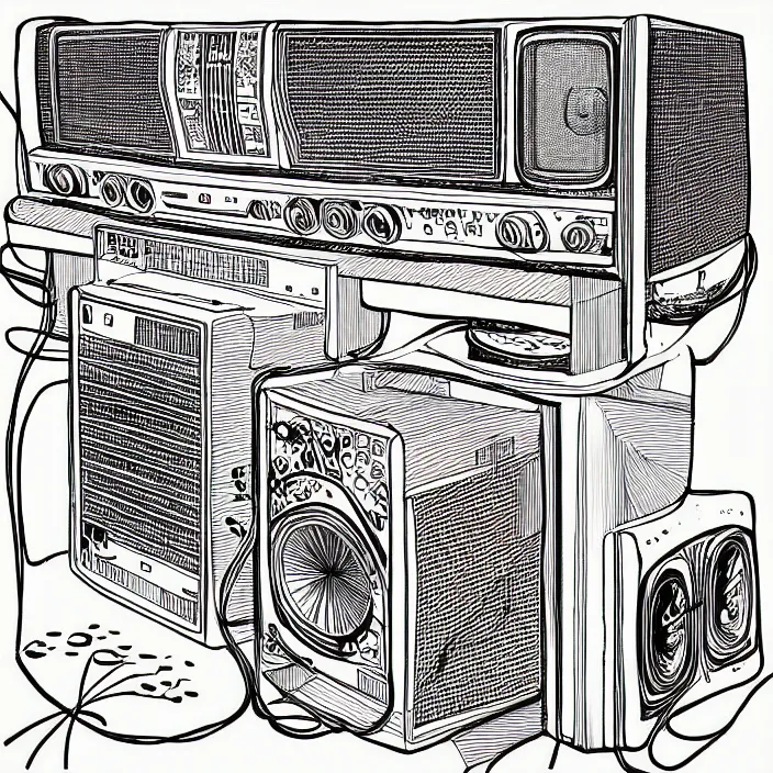 Image similar to line art of an 80's boombox with flowers growing out of the side speakers by Virgil Finlay