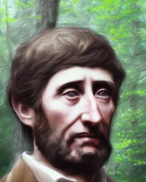 Image similar to henry thoreau in the woods portrait painting highly detailed procreate, 3d render senior artist, photorealistic, textured, featured on artstation