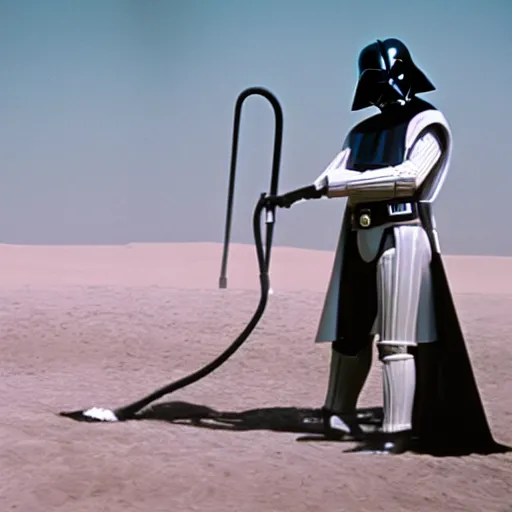 Image similar to darth vader vacuuming the sand in tatooine