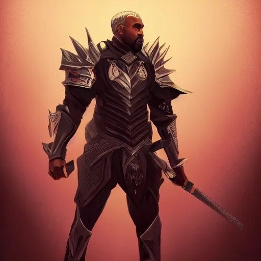 Image similar to full body hero pose portrait of kanye west as an over powered magic lord knight king with futuristic upgrades to his armor and long sword, elegant, intricate, headshot, highly detailed, digital painting, artstation, concept art, sharp focus, illustration, art by petros afshar