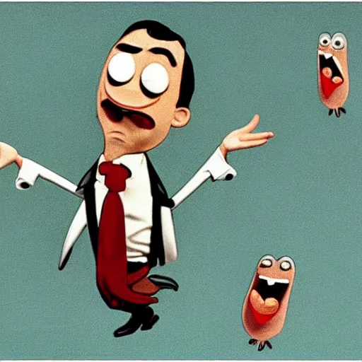 Image similar to angry mr. bean with his mouth wide open flapping his bird wings, thousands of little mr. beans are chasing him, fear panic, restlessness