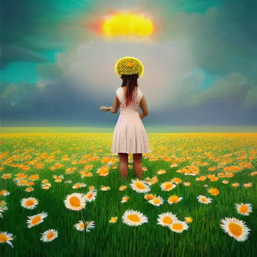 Image similar to full body daisy flower head girl standing in a flower field, her head is hidden behind the huge daisy flower,. surreal photography, sunrise, dramatic light, impressionist painting, colorful clouds, digital painting, artstation, simon stalenhag