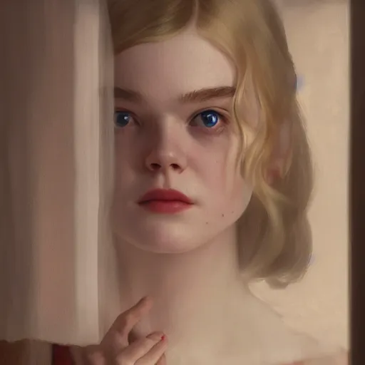 Image similar to Elle Fanning in a dark room, artstation, by Norman Rockwell, Extremely detailed. 4K. Award winning.