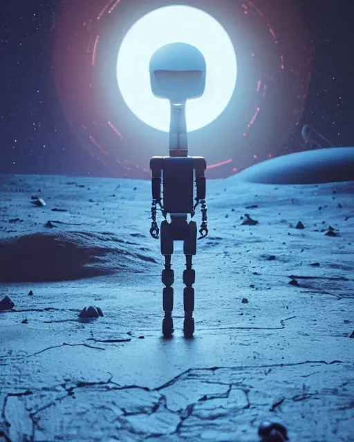 Image similar to a robot standing in front of a glowy open door that's on a barren moon, poster art by mike winkelmann, trending on cg society, space art, sci - fi, ue 5, futuristic, volumetric lighting, light casting onto the ground, neat composition and camera angle