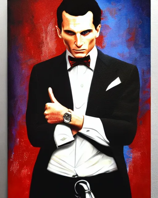 Image similar to oil painting portrait of patrick bateman, serbian flag background, cinematic lighting, high production value, intricate details, high resolution, hdr, high definition, masterpiece, realistic, ultrarealistic, highly detailed, hd, sharp focus, non blurry, sharp, smooth