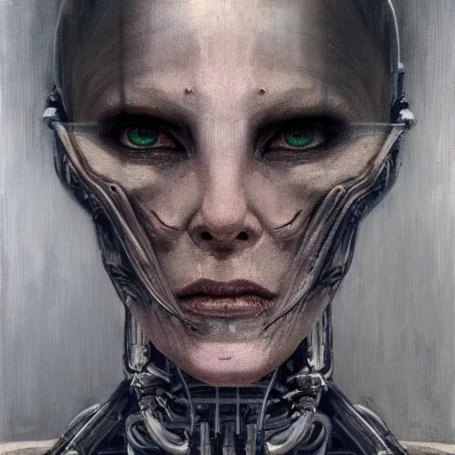 Prompt: surreal portrait of a woman by Greg Rutkowski and H.R Giger, Vincent Di Fate, cyborg of old age, symmetrical, hair as wires, haunting appearance, pale as marble, biomechanical and intricate, empty and uncany expression, frightening, space horror, fascinating, highly detailed portrait, digital painting, artstation, concept art, smooth, sharp focus illustration, duo tone, HQ.