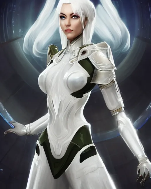 Image similar to perfect white haired attractive egyptian goddess, warframe armor, beautiful, symmetric, dreamy, half asian, pretty face, green eyes, charlize theron, detailed, scifi platform, laboratory, experiment, 4 k, ultra realistic, epic lighting, android body, illuminated, cinematic, masterpiece, art by akihito tsukushi, voidstar