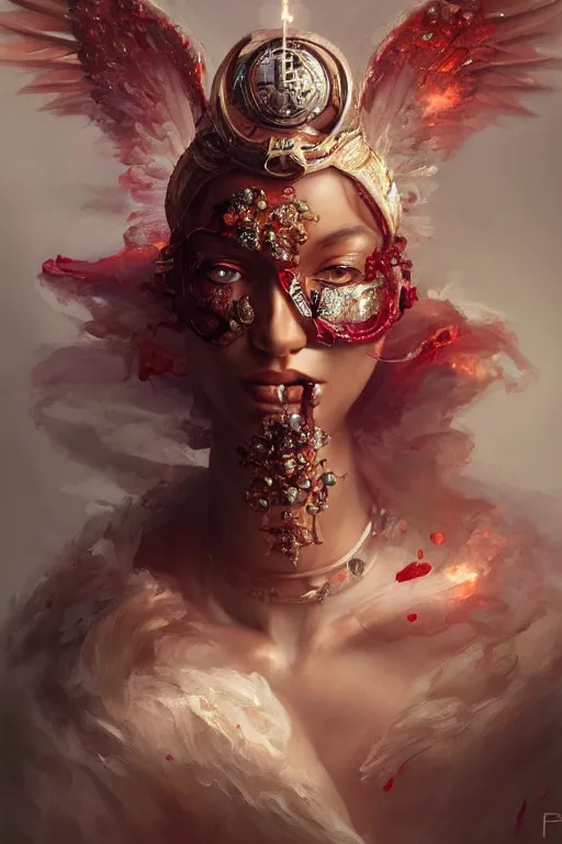 Image similar to beautifulmodel face covered with blood diamonds wearing fire velvet, diamonds, angel, fantasy, dramatic lighting, highly detailed, digital painting, magic the gathering, hyper detailed, 3 d render, hyper realistic detailed portrait, peter mohrbacher, wlop, ruan jia