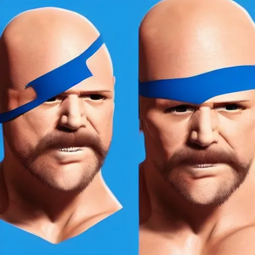 Image similar to muscular wrestler, bald, eyepatch, blue mask covering mouth, realistic,