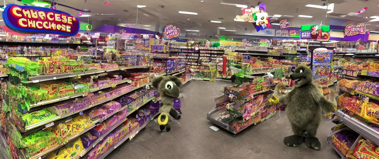 Prompt: chuck e cheese animatronic in a grocery store