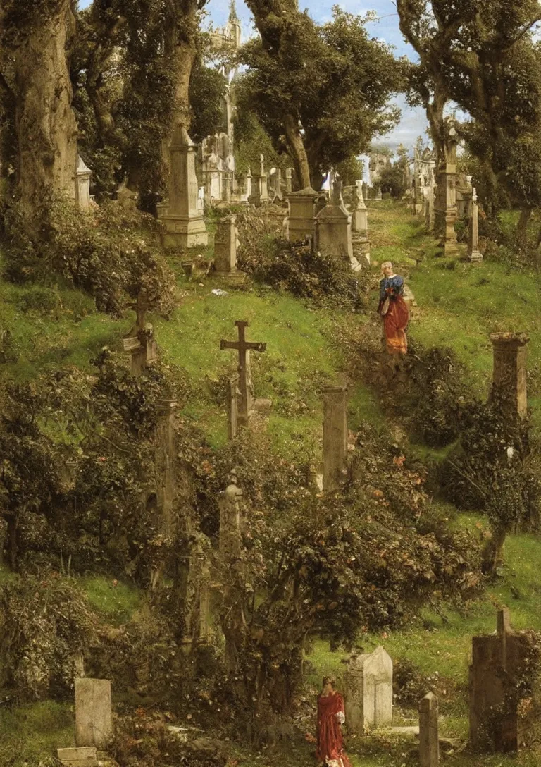 Image similar to a giant knight in rusty armour walks through a cemetery on a path by a church in manchester england, overgrown, weeds and ivy on the graves, an old twisted tree, a tall stone wall, lawrence alma-tadema