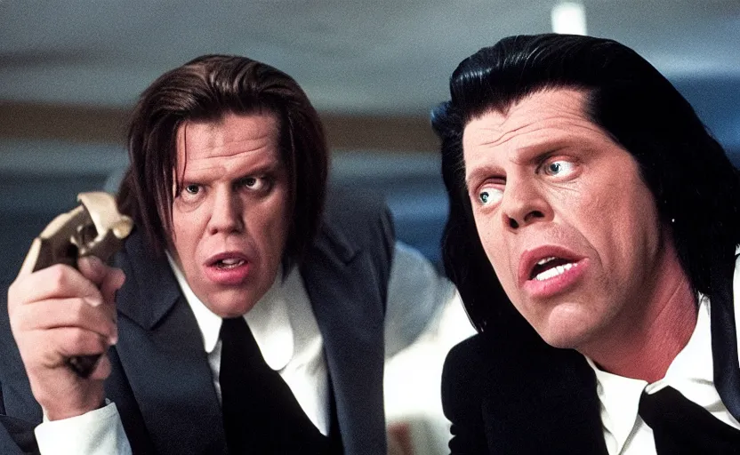 Image similar to still of Gary Busey as Vincent Vega in Pulp Fiction, 4k photorealistic, cinematic, extremely detailed,