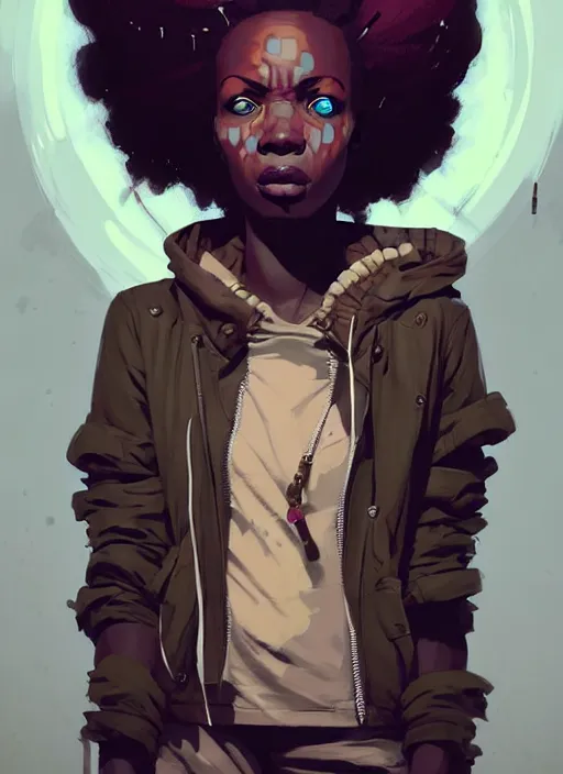 Image similar to highly detailed portrait of a sewer punk african lady, tartan hoody, white afro hair by atey ghailan, by greg rutkowski, by greg tocchini, by james gilleard, by joe fenton, by kaethe butcher, gradient peach, brown, blonde cream and white color scheme, grunge aesthetic!!! ( ( graffiti tag wall background ) )