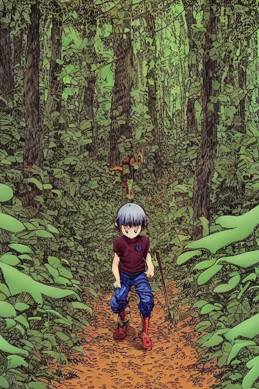 Prompt: young boy entering a huge mysterious and ominious forest, path, mushrooms, very graphic illustration by katsuhiro otomo and jean giraud, drawing, yoshitaka amano vibe, clean line, colorful comics style