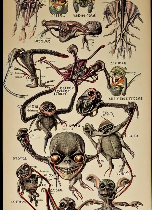 Image similar to vintage medical anatomical illustration of gremlins ( 1 9 8 4 ), highly detailed, labels, intricate writing