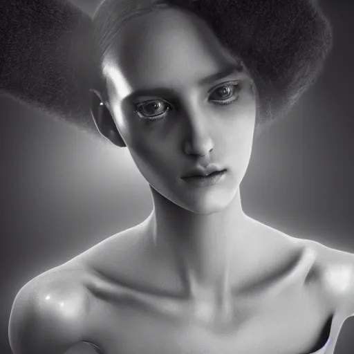 Prompt: A young beautiful female angelic-extraterrestrial-cyborg face with a very long neck, big clear eyes, thin nose, big lips, hair floating in the wind, Realistic, Refined, Digital Art, Pre-Raphaelite, Highly Detailed, Cinematic Lighting, rim light, black and white, photo-realistic Unreal Engine, 8K