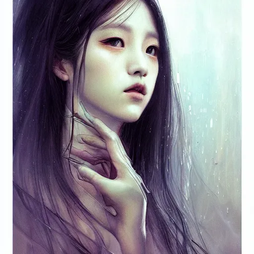 Image similar to jisoo of blackpink, snake, hyperrealistic portrait, bladerunner street, by karol bak and agnes cecile, album cover, fantasy art, photo realistic, dynamic lighting, artstation, poster, volumetric lighting, very detailed face, 8 k, award winning