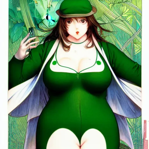 Image similar to fat pigeon in a green body suit, by Range Murata and Mucha