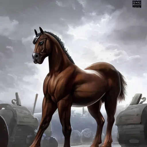 Image similar to a musclebound anthropomorphized horse with a magnificently muscular physique wearing a tight leather battle outfit standing guard at a facility, equine, anthro art, furaffinity, highly detailed, digital painting, artstation, sharp focus, game art, concept art, illustration, art by artgerm, greg rutkowski, wlop