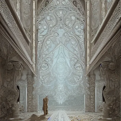 Image similar to opalescent marble architecture, ivory carving, fractal paisley inlay, lace, intricate, elegant, highly detailed, artgerm, matte painting, trending on artstation, lace, by ruan jia and greg rutkowski