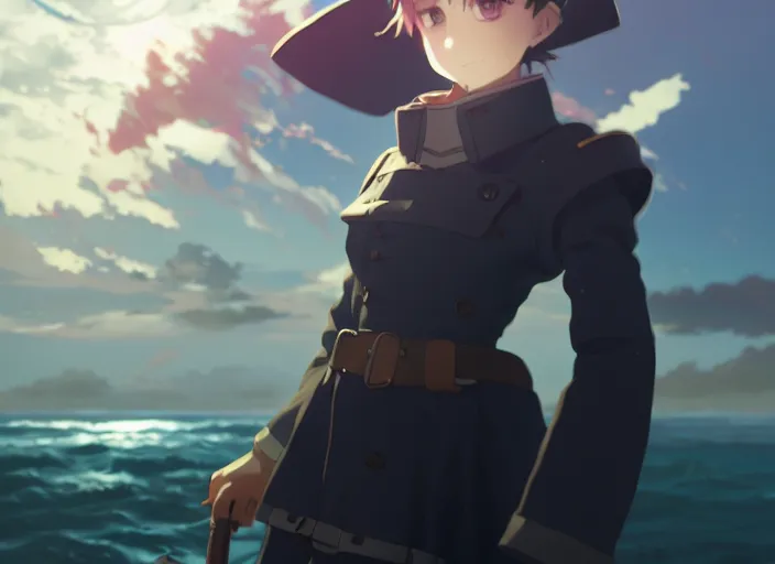 Image similar to inquisitor cute girl looking at the sea, helm of second world war warship in background, illustration concept art anime key visual trending pixiv fanbox by wlop and greg rutkowski and makoto shinkai and studio ghibli and kyoto animation, grimdark, symmetrical facial features, astral witch clothes, dieselpunk, backlit