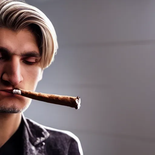 Image similar to a closeup photo of handsome gigachad xqc smoking a cigar