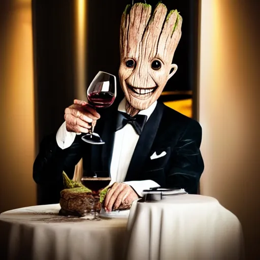 Prompt: realistic groot as a gentleman wearing tuxedo drinking wine, 1 0 0 mm, photorealistic, movie shot, studio lighting, 8 k