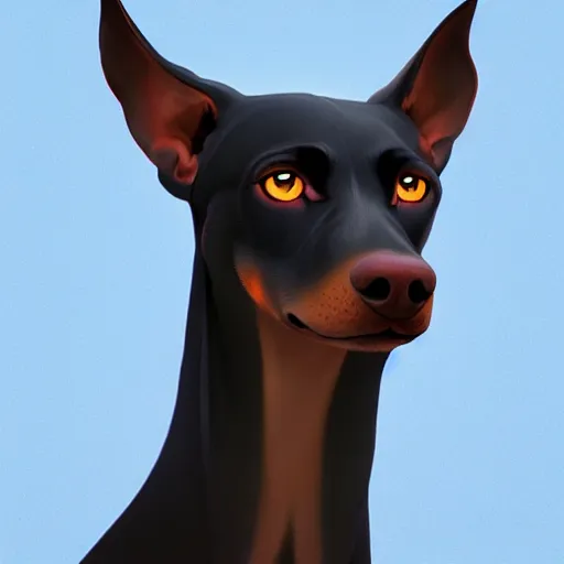 Image similar to portrait of an antropomorphic doberman creature, black hair, human body, angry look, ready for battle, masterpiece, mattepainting concept blizzard pixar maya engine on cold night stylized background splash comics global illumination lighting artstation lois van baarle, ilya kuvshinov, rossdraws