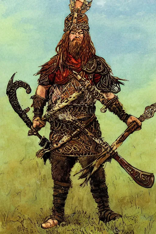 Image similar to full body character design reference art of Eoghaill of the Murine Hordes, a La Tene Culture Celtic chieftain and warrior, resplendent and proud of bearing. high quality, high detail, realistic painting, in the style of: Angus McBride, Rebecca Guay, and Michael William Kaluta. photorealistic light.