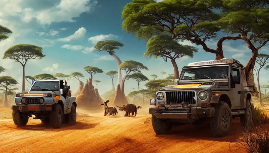 Prompt: mahindra thar driving through madagascar road with baobabs trees, animals running along, action scene, an epic fantasy, wide shot, artgerm, trending on artstation, masterpiece, by greg rutkowski, by ross tran, by fenghua zhong, octane, soft render, ultrarealistic, colorful, cinematic, horizon zero dawn