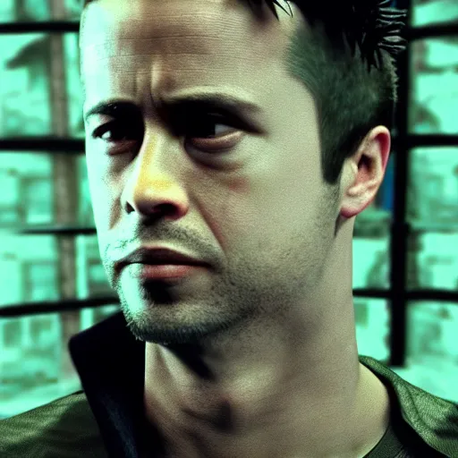 Prompt: a Fight Club inspired portrait of a Tyler Durden 4k photorealistic, volumetric lighting, HD, high details, dramatic, trending on artstation