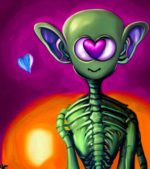 Image similar to character portrait art, ant alien with love in its heart, trending in artstation, purple color lighting