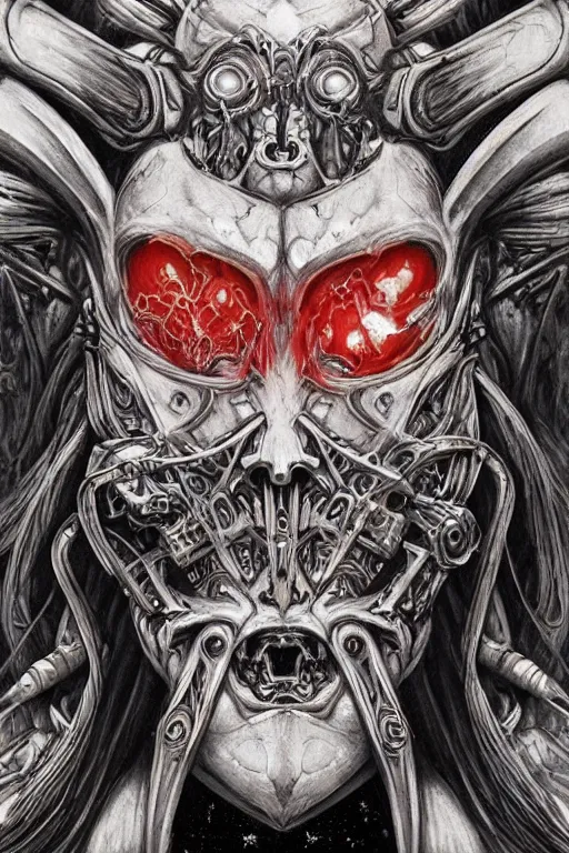 Image similar to Elden Ring and Star Wars themed painting of majestic crimson biomechanical satanic infernal demon human hybrid beautiful undead angel symmetrical angry mask closeup face angry mask closeup tattoo pattern golden ratio concept, Neo-Gothic concept, infinity glyph waves, intricate artwork masterpiece, very coherent artwork, cinematic, full frontal facial features by Artgerm, art by H.R. Giger, Takato Yamamoto, Zdizslaw Beksinski, Johnatan Wayshak, Moebius, Ayami Kojima, very anatomically coherent artwork, trending on cgsociety, ultra high quality model, production quality cinema model, high detail chromatic ink outline, octane render, unreal engine 8k, hyper realism, high detail, octane render, unreal engine, 8k, High contrast