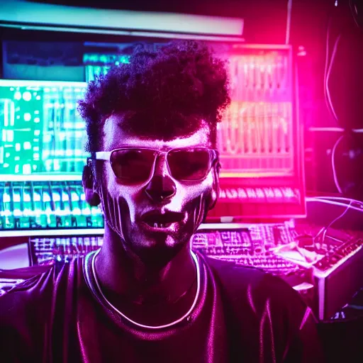 Image similar to a realistic detailed studio portrait photo of a monster, synthwave