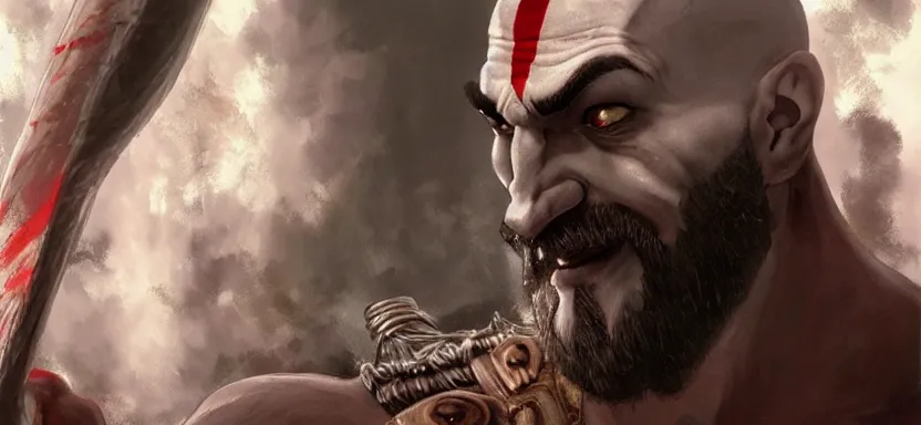 Image similar to a portrait of kratos from god of war, digital painting masterpiece, by ilya kuvshinov, by frank frazetta, by mœbius, by reiq, by hayao miyazaki, intricate detail, beautiful brush strokes, advanced lighting technology, 4 k wallpaper, interesting character design, stylized yet realistic anatomy and faces, inspired by kill bill animated scene