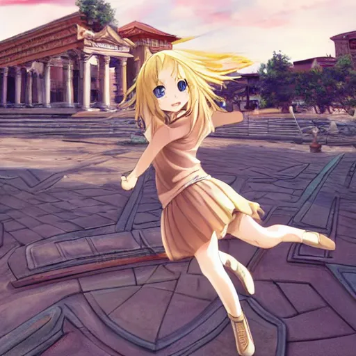 Image similar to blonde - haired princess, anime princess, wearing casual clothes, action pose, parkour, plaza, greco - roman pillars, golden hour, partly cloudy sky, sepia sun, strong lighting, strong shadows, vivid hues, ultra - realistic, sharp details, subsurface scattering, intricate details, hd anime, 2 0 1 9 anime