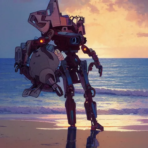 Prompt: giant robot is on an empty beach, at dusk, art by greg rutkowski and alphonse mucha. colorful, highly detailed, trending on artstation, 4 k, epic, cinematic lightning